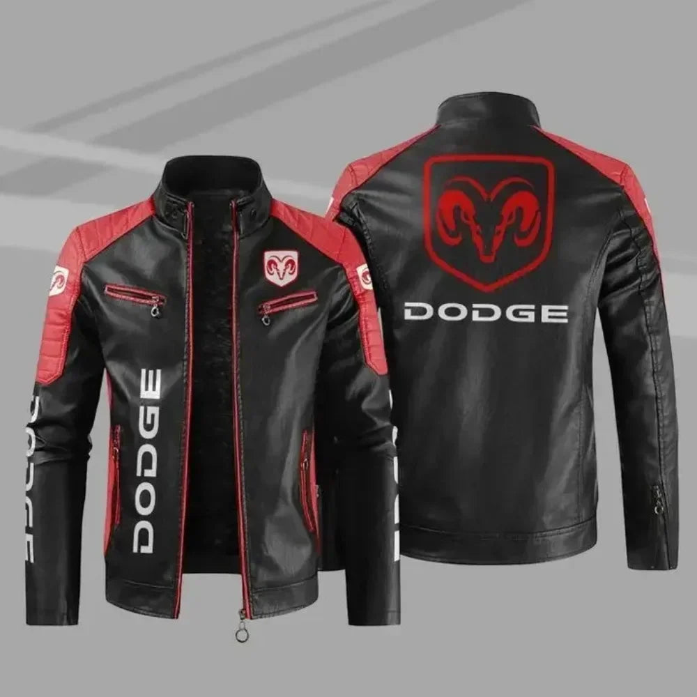 European Size Plus Fleece Dodge Motorcycle Car Logo Autumn And Winter Fashionable Windproof High-end Motorcycle Leather Jacket