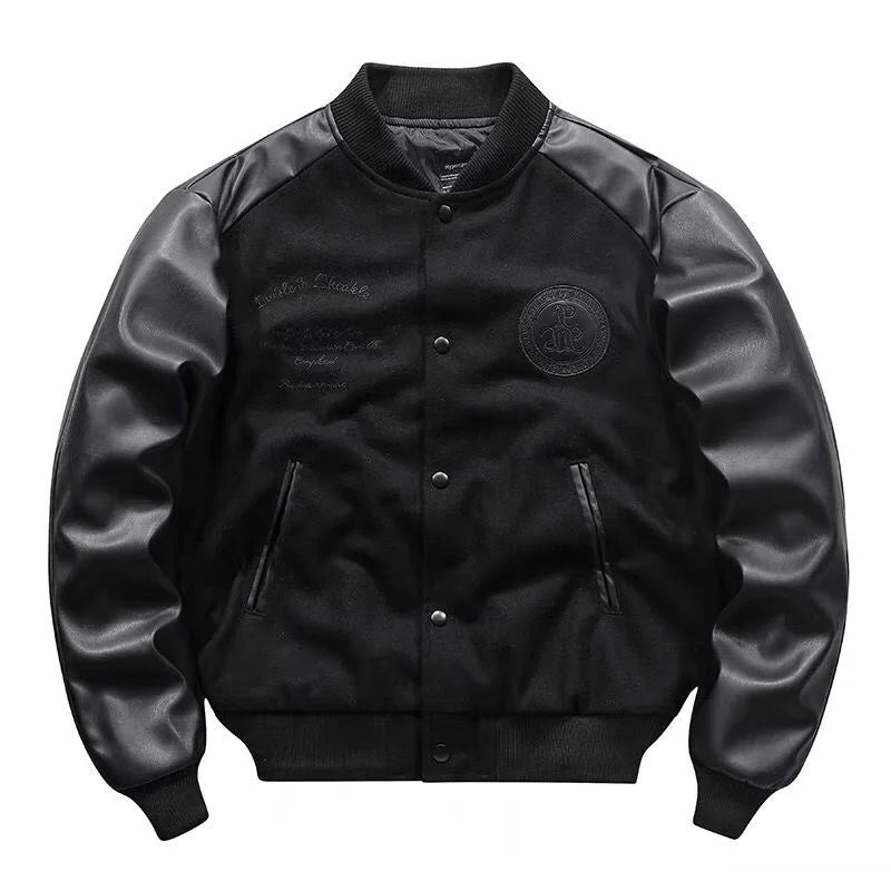 ARENS Men's Vintage Leather Woolen Patchwork Er Jacket Techwear Splicing Embroidery PU Pilot Coat Loose Cargo Style