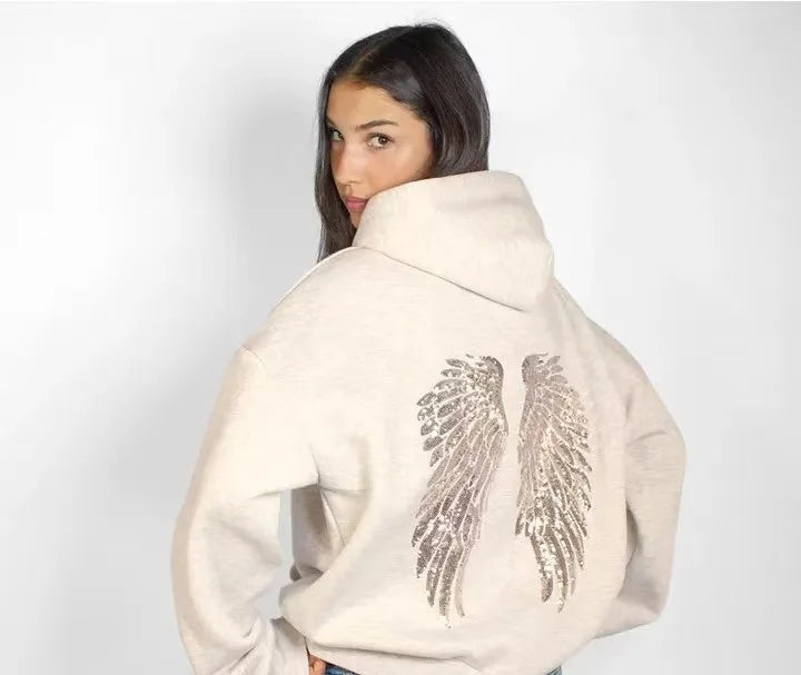 Fashion Wings Beads Sweathirts Women Oversized Hoodies Fleece Lining Sequined Casual Pullover Top Y2K Clothes Lady Outfits 2026