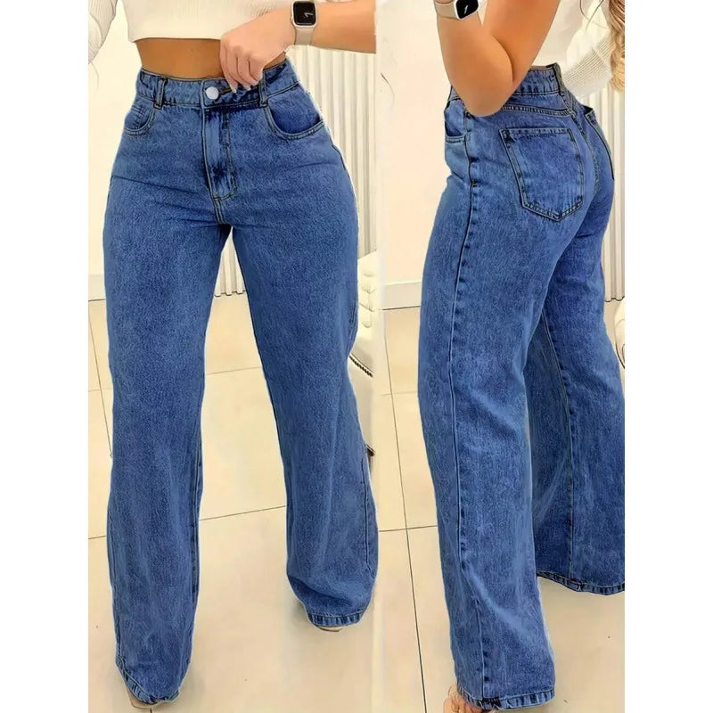 plus Size Women's Casual Straight Leg Jeans Loose Fit Slimming Spring Autumn High Waist Zipper Closure Comfortable Cotton Blend