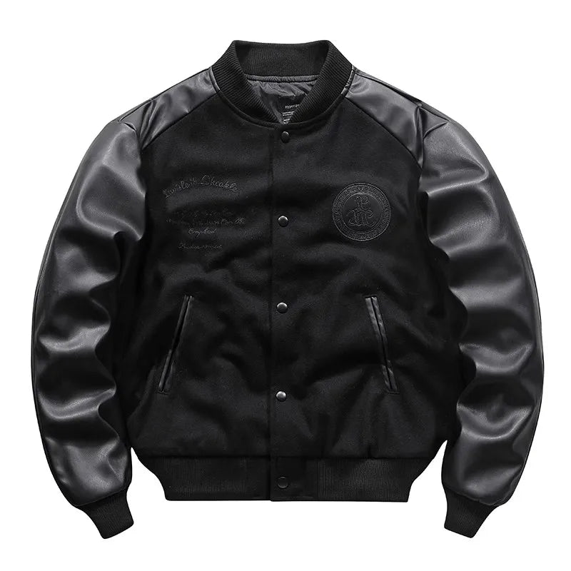 ARENS Men's Vintage Leather Woolen Patchwork Er Jacket Techwear Splicing Embroidery PU Pilot Coat Loose Cargo Style