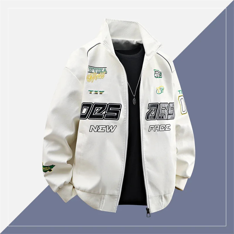 Motorcycle Leather Jackets Man Letter Embroidery Leather Coat Patchwork Fashion Streetwear American Motor Jacket Red White Black