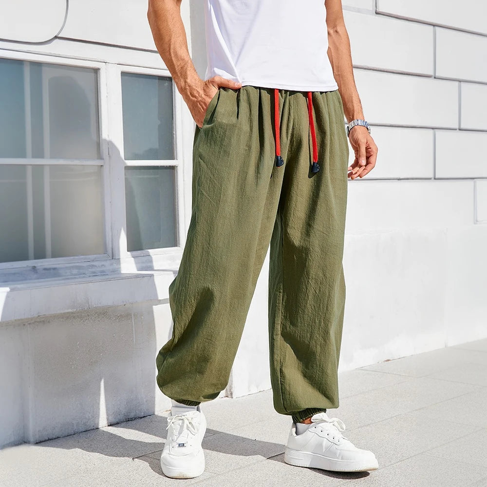 Men's Harem Pants Loose Fit Chinese Style Cotton Linen Solid Color Cozy Sweatpants Joggers High Quality Male Casual Trousers