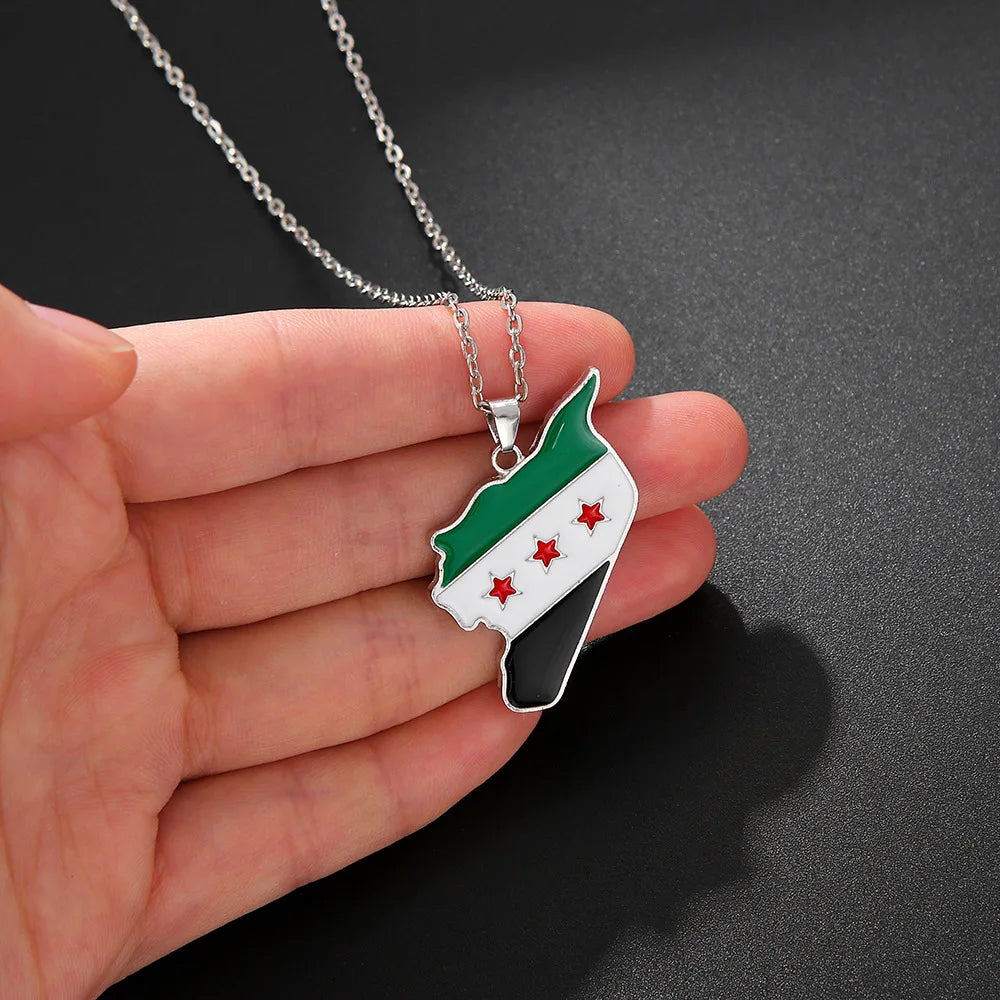 YILUOCD Stainless Steel Syria Map Flag Pendant Necklace for Women Drip Oil Craft Syrians Map Hiphop Jewelry Gift