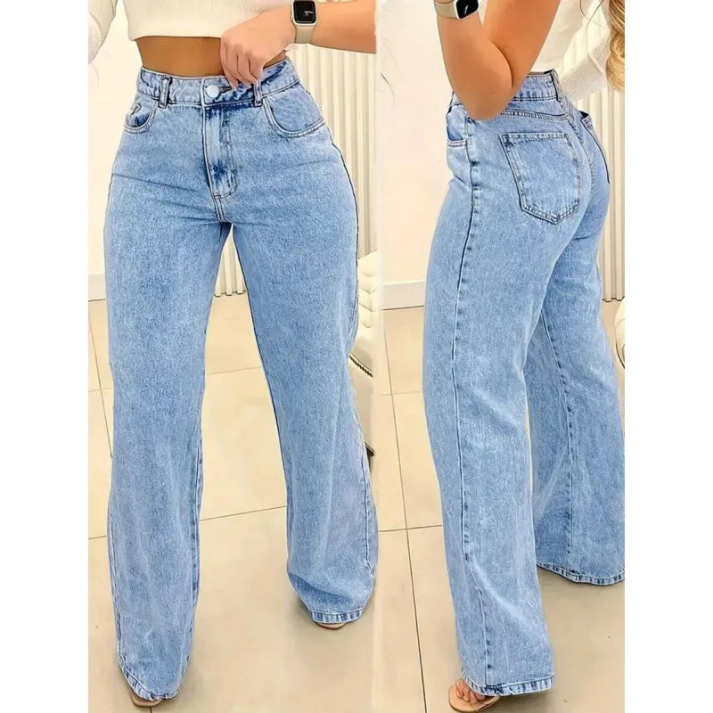 plus Size Women's Casual Straight Leg Jeans Loose Fit Slimming Spring Autumn High Waist Zipper Closure Comfortable Cotton Blend