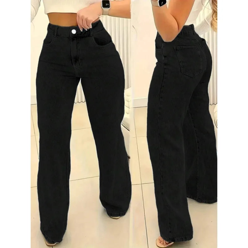 plus Size Women's Casual Straight Leg Jeans Loose Fit Slimming Spring Autumn High Waist Zipper Closure Comfortable Cotton Blend