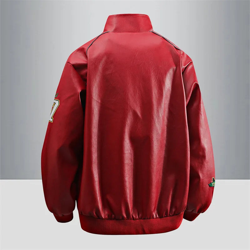 Motorcycle Leather Jackets Man Letter Embroidery Leather Coat Patchwork Fashion Streetwear American Motor Jacket Red White Black