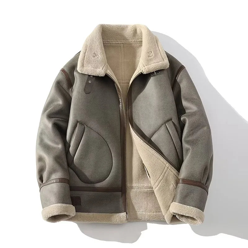 Male Trendy Large Size Lambswool Leather Jacket Casual Solid Color Warm Outwear Winter New Men Fleece-Lined Thicken Suede Coat