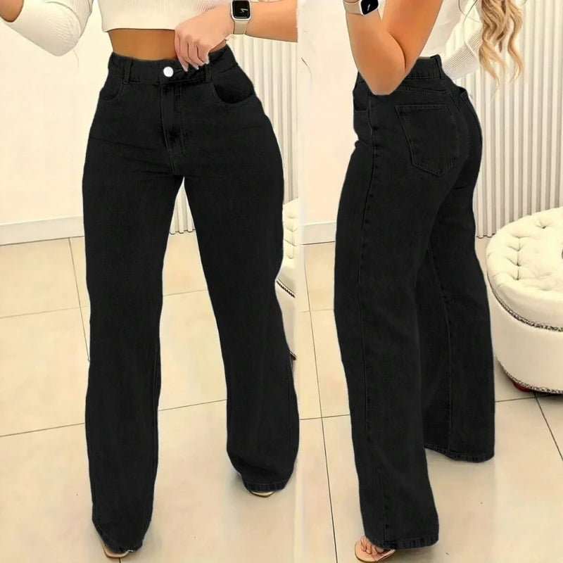 plus Size Women's Casual Straight Leg Jeans Loose Fit Slimming Spring Autumn High Waist Zipper Closure Comfortable Cotton Blend