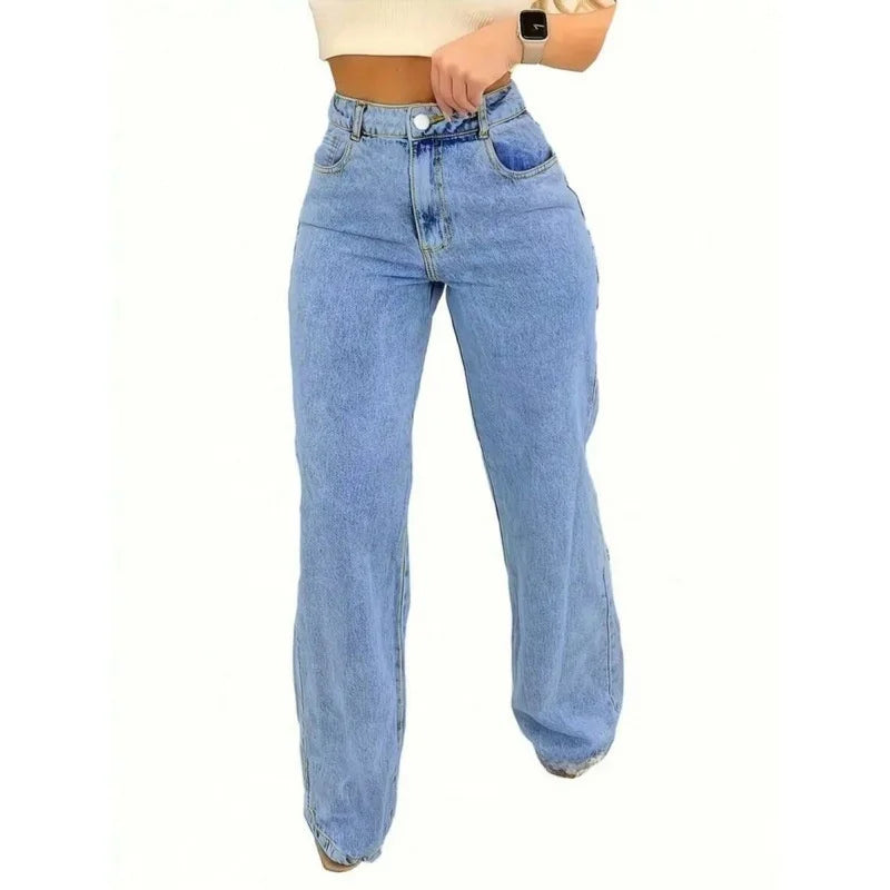 plus Size Women's Casual Straight Leg Jeans Loose Fit Slimming Spring Autumn High Waist Zipper Closure Comfortable Cotton Blend