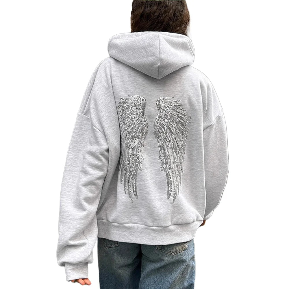 Fashion Wings Beads Sweathirts Women Oversized Hoodies Fleece Lining Sequined Casual Pullover Top Y2K Clothes Lady Outfits 2026