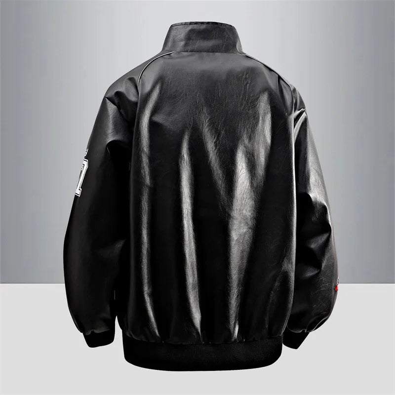 Motorcycle Leather Jackets Man Letter Embroidery Leather Coat Patchwork Fashion Streetwear American Motor Jacket Red White Black