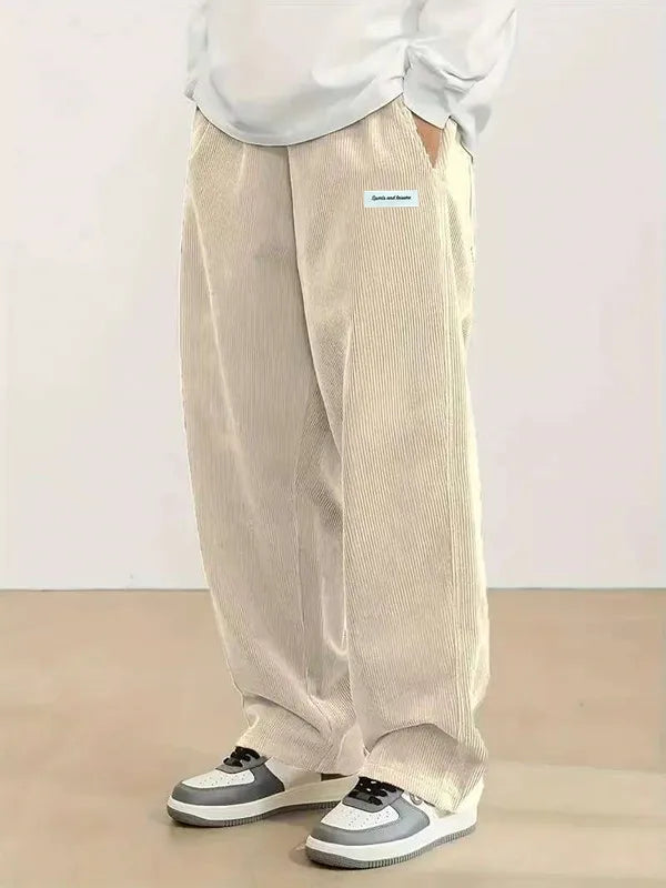Autumn Mens Corduroy Casual Pants Fashion Loose Fit Pants Straight Sweatpants Elastic Waist Drawstring Outdoor Streetwear