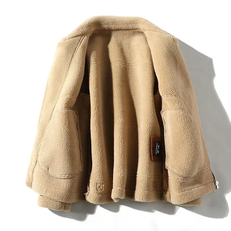 Male Trendy Large Size Lambswool Leather Jacket Casual Solid Color Warm Outwear Winter New Men Fleece-Lined Thicken Suede Coat