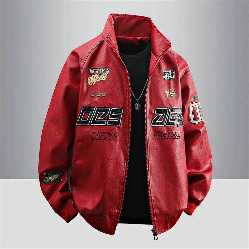 Motorcycle Leather Jackets Man Letter Embroidery Leather Coat Patchwork Fashion Streetwear American Motor Jacket Red White Black