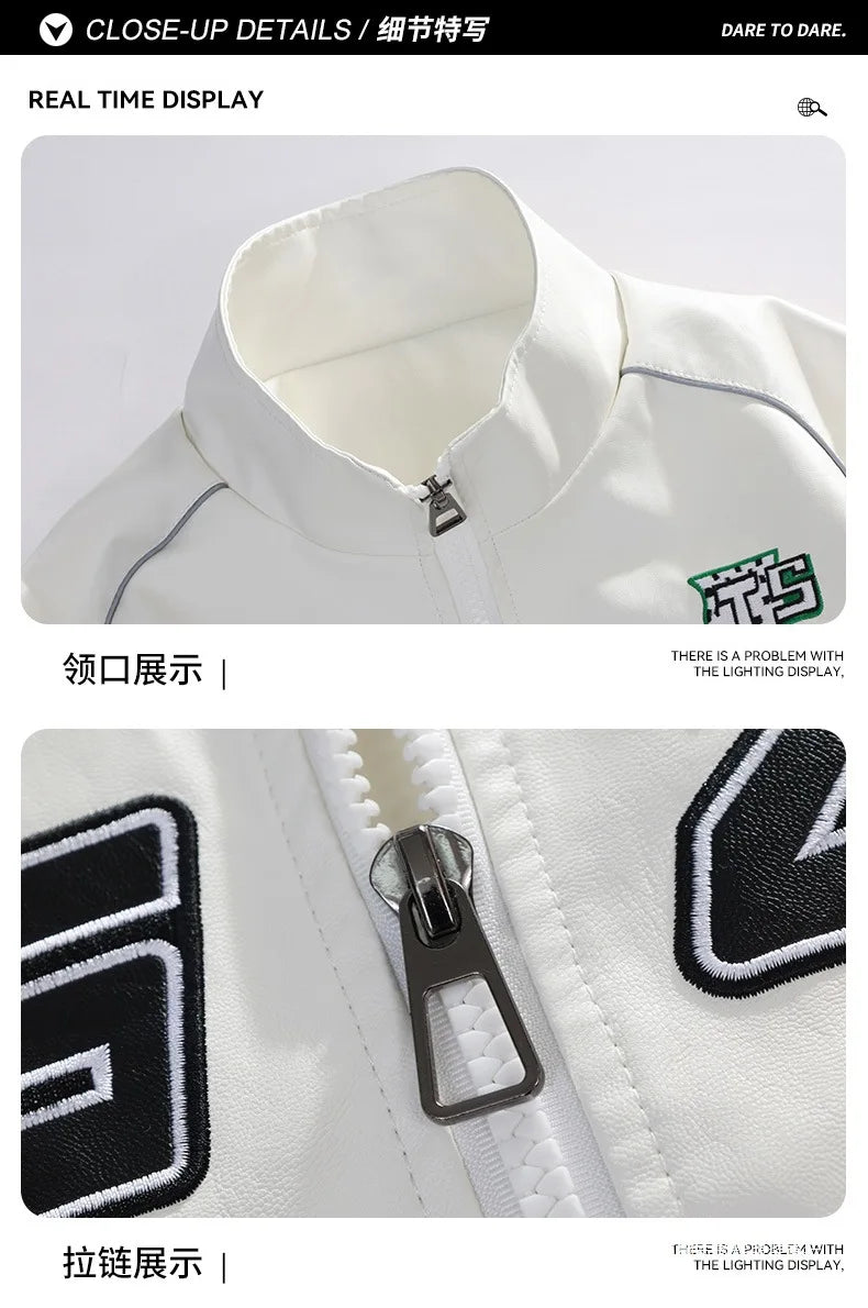 Motorcycle Leather Jackets Man Letter Embroidery Leather Coat Patchwork Fashion Streetwear American Motor Jacket Red White Black