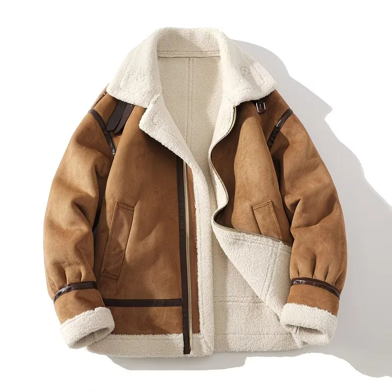 Male Trendy Large Size Lambswool Leather Jacket Casual Solid Color Warm Outwear Winter New Men Fleece-Lined Thicken Suede Coat