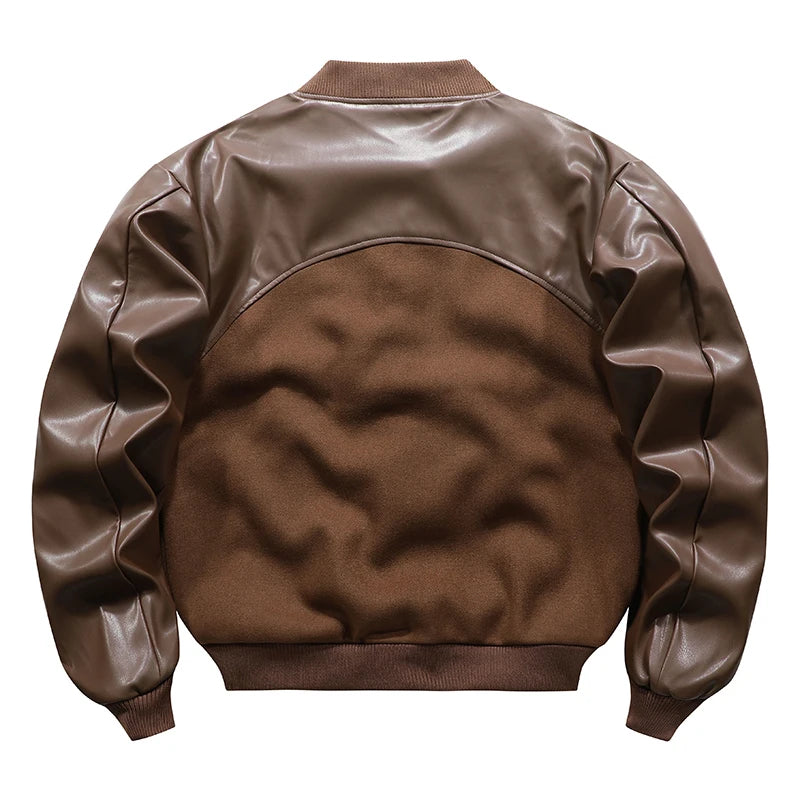 ARENS Men's Vintage Leather Woolen Patchwork Er Jacket Techwear Splicing Embroidery PU Pilot Coat Loose Cargo Style