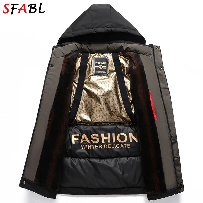 Removable Hood Parka Men Cotton Padded Men's Winter Jacket Windbreak Thermal Jackets Coat Fleece Lining Ski Snow Jacket Overcoat
