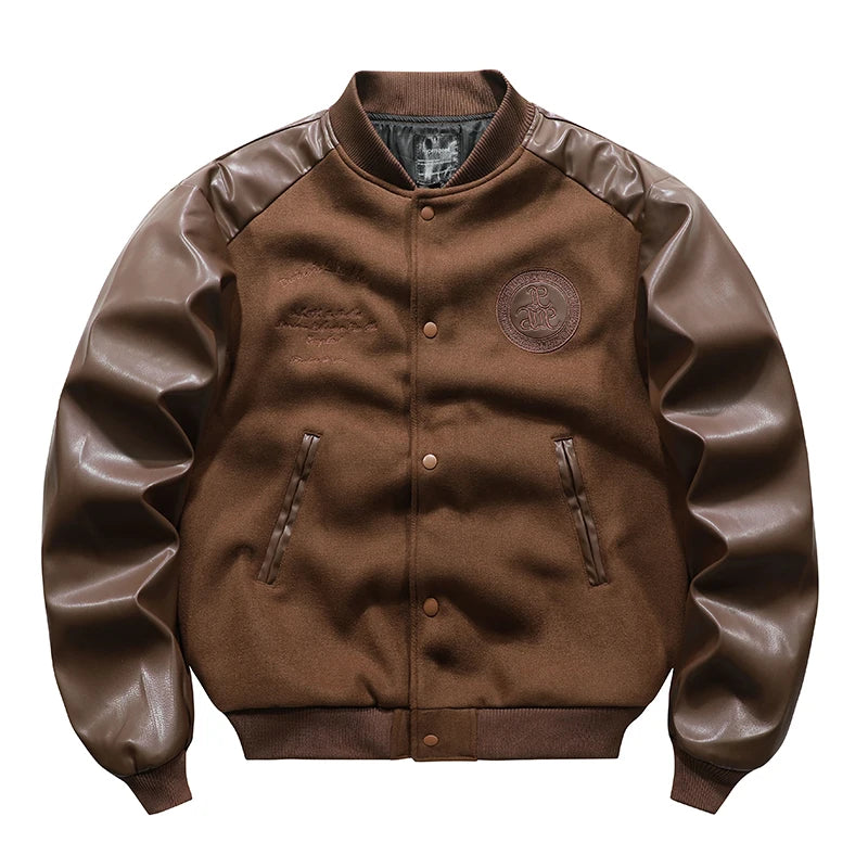 ARENS Men's Vintage Leather Woolen Patchwork Er Jacket Techwear Splicing Embroidery PU Pilot Coat Loose Cargo Style