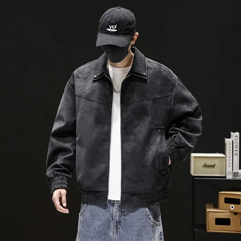 Men's Tie Dye Faux Leather Jacket Lapel Collar Loose Fit Casual Autumn Motorcycle Coat Black
