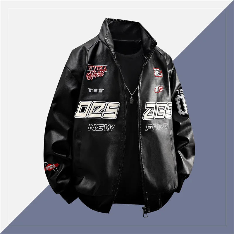 Motorcycle Leather Jackets Man Letter Embroidery Leather Coat Patchwork Fashion Streetwear American Motor Jacket Red White Black