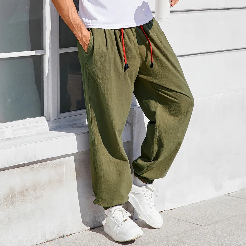 Men's Harem Pants Loose Fit Chinese Style Cotton Linen Solid Color Cozy Sweatpants Joggers High Quality Male Casual Trousers