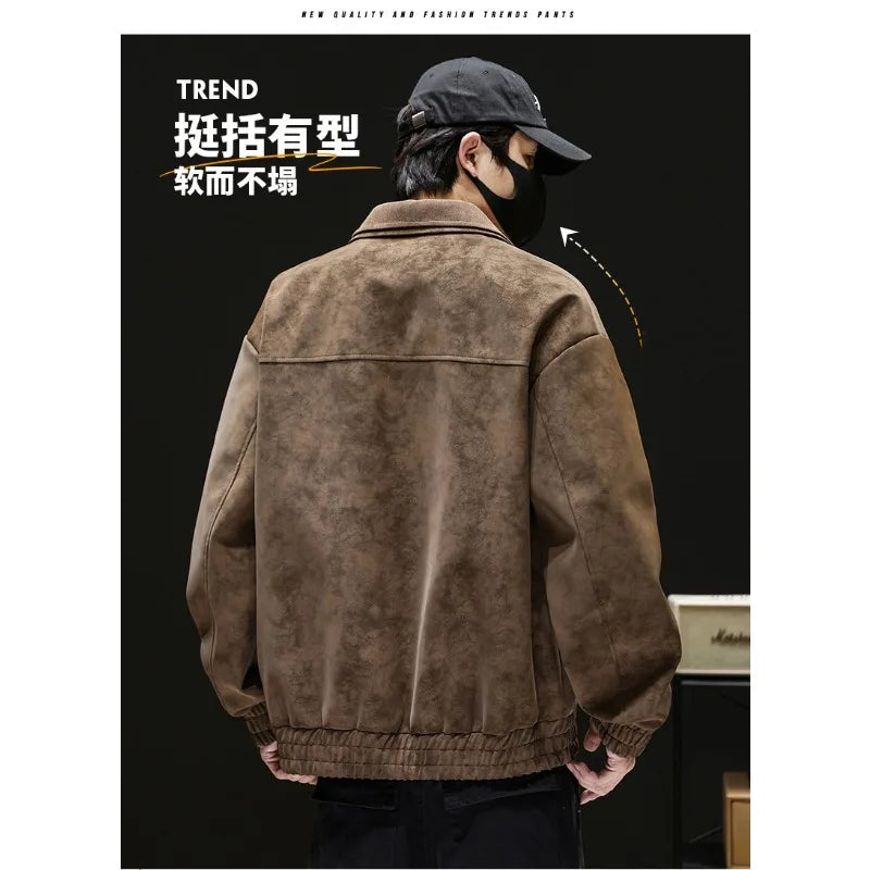 Men's Tie Dye Faux Leather Jacket Lapel Collar Loose Fit Casual Autumn Motorcycle Coat Black