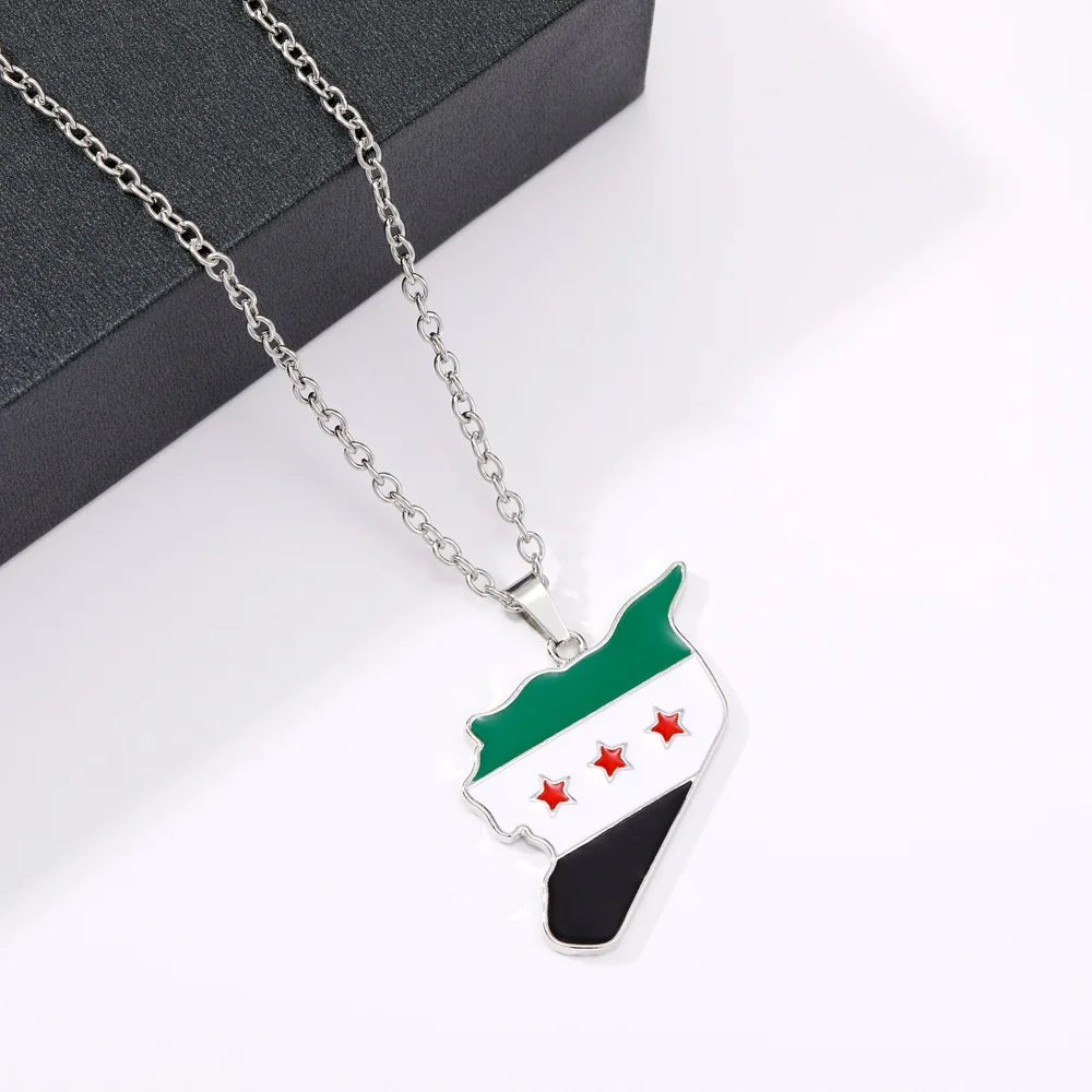 YILUOCD Stainless Steel Syria Map Flag Pendant Necklace for Women Drip Oil Craft Syrians Map Hiphop Jewelry Gift