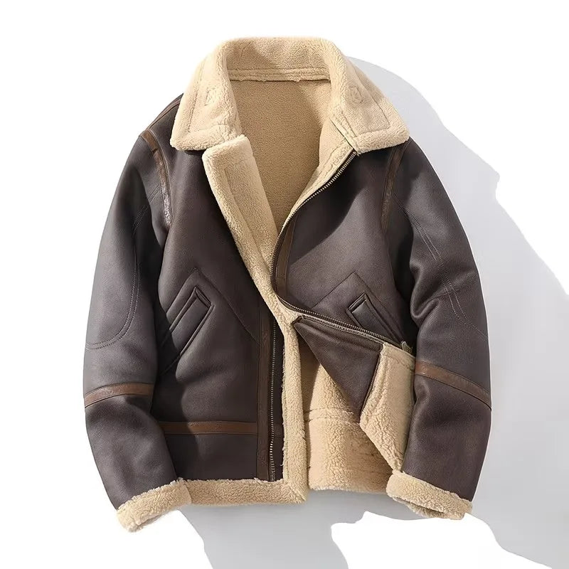 Male Trendy Large Size Lambswool Leather Jacket Casual Solid Color Warm Outwear Winter New Men Fleece-Lined Thicken Suede Coat
