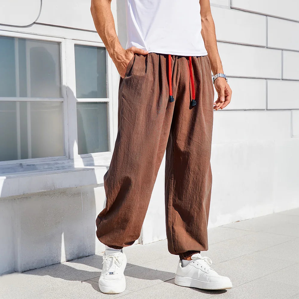 Men's Harem Pants Loose Fit Chinese Style Cotton Linen Solid Color Cozy Sweatpants Joggers High Quality Male Casual Trousers
