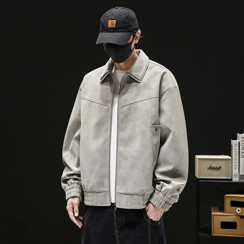 Men's Tie Dye Faux Leather Jacket Lapel Collar Loose Fit Casual Autumn Motorcycle Coat Black