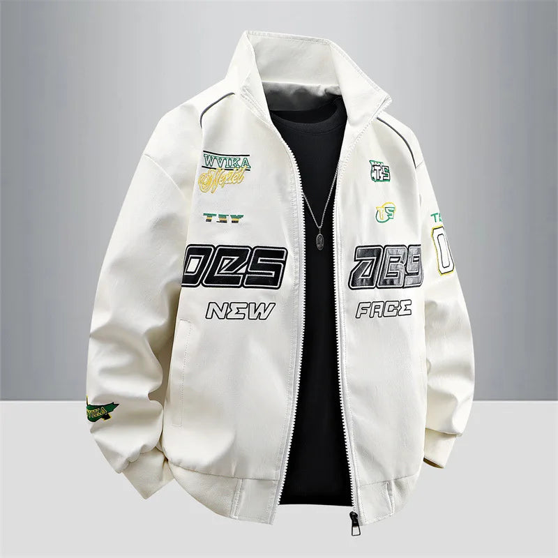 Motorcycle Leather Jackets Man Letter Embroidery Leather Coat Patchwork Fashion Streetwear American Motor Jacket Red White Black