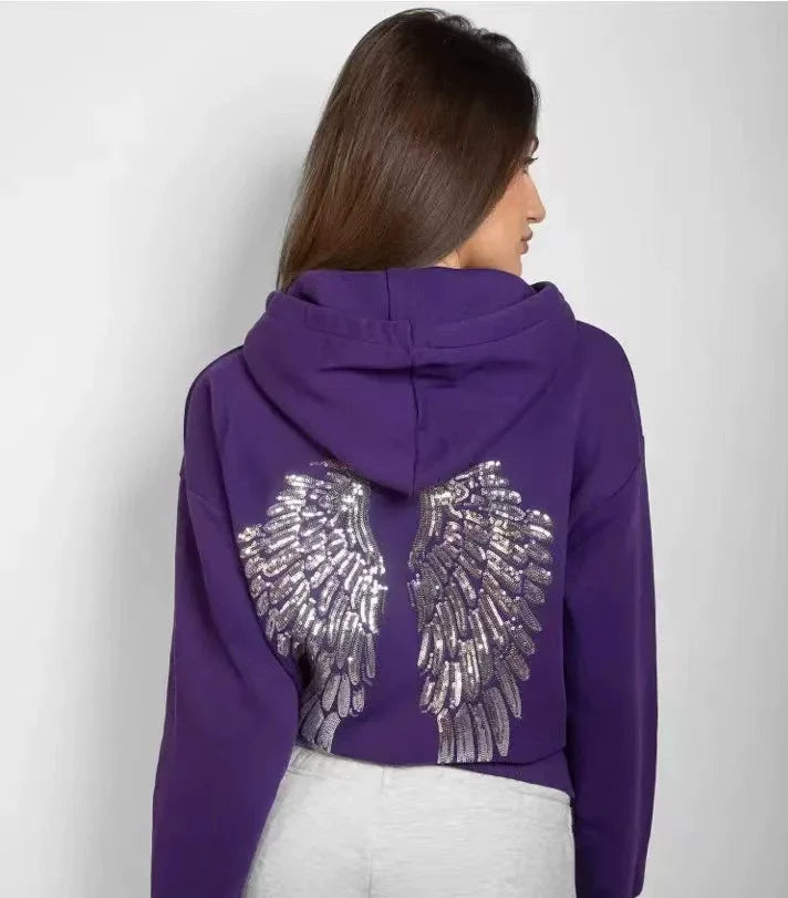 Fashion Wings Beads Sweathirts Women Oversized Hoodies Fleece Lining Sequined Casual Pullover Top Y2K Clothes Lady Outfits 2026