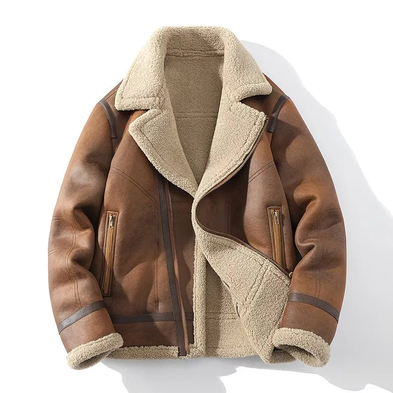 Male Trendy Large Size Lambswool Leather Jacket Casual Solid Color Warm Outwear Winter New Men Fleece-Lined Thicken Suede Coat