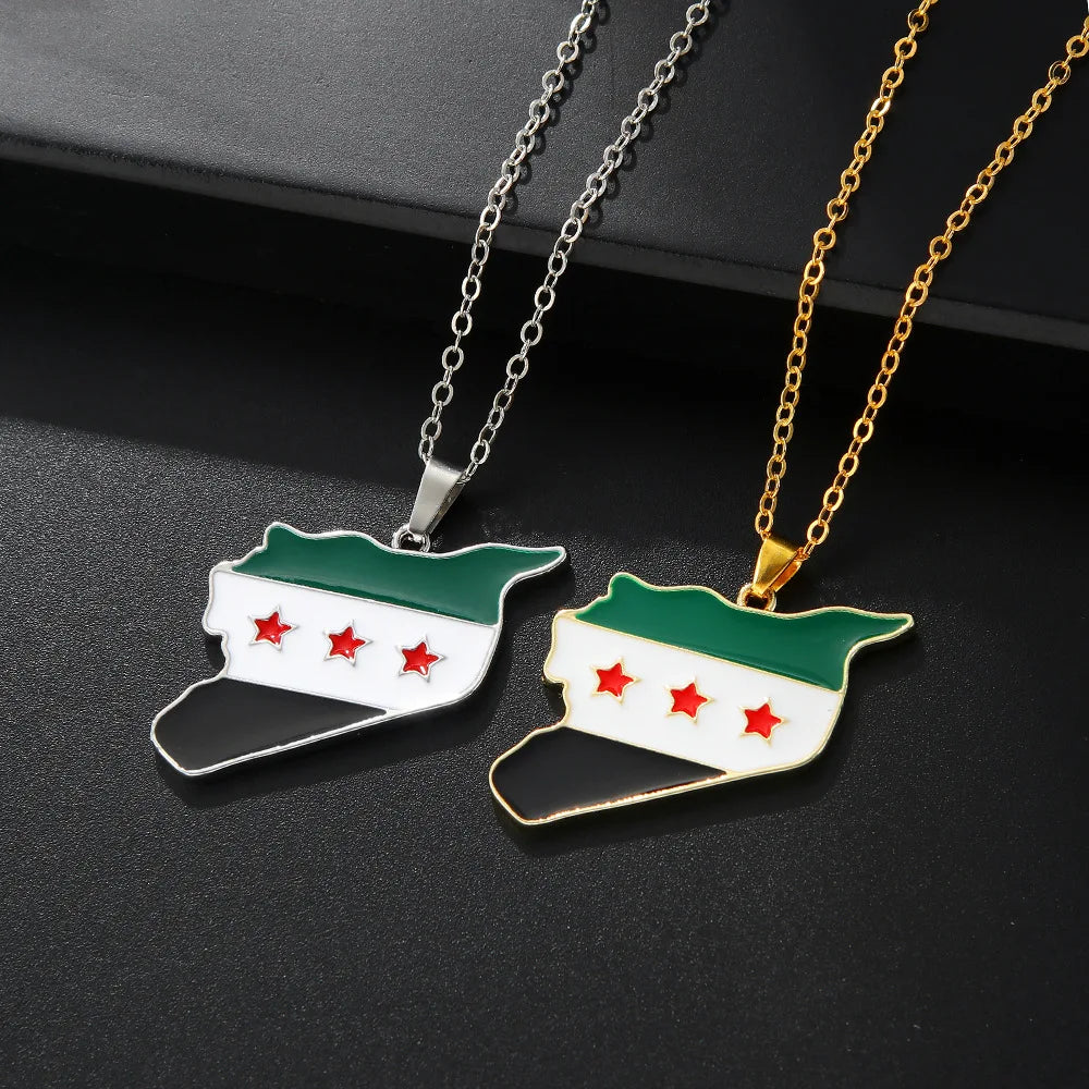 YILUOCD Stainless Steel Syria Map Flag Pendant Necklace for Women Drip Oil Craft Syrians Map Hiphop Jewelry Gift