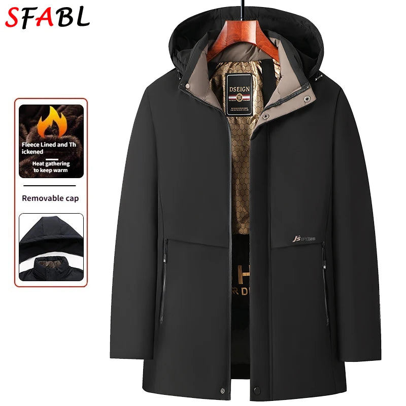 Removable Hood Parka Men Cotton Padded Men's Winter Jacket Windbreak Thermal Jackets Coat Fleece Lining Ski Snow Jacket Overcoat