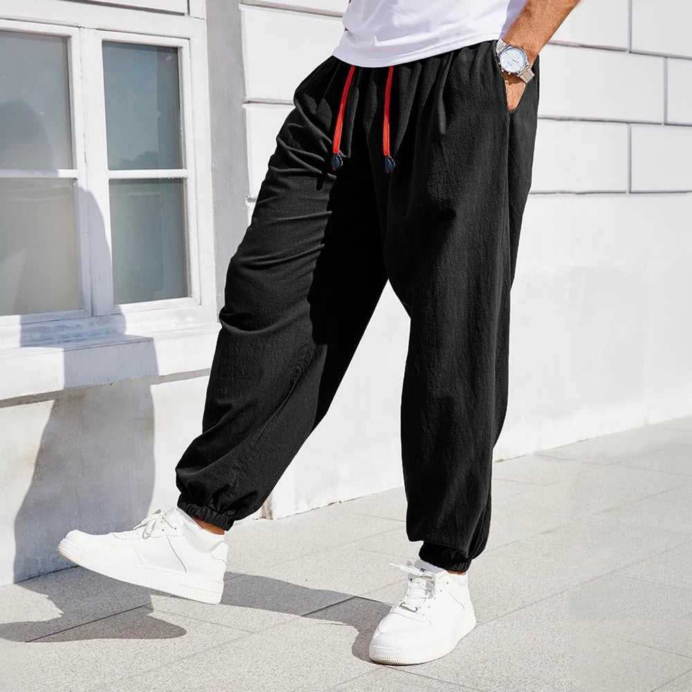 Men's Harem Pants Loose Fit Chinese Style Cotton Linen Solid Color Cozy Sweatpants Joggers High Quality Male Casual Trousers