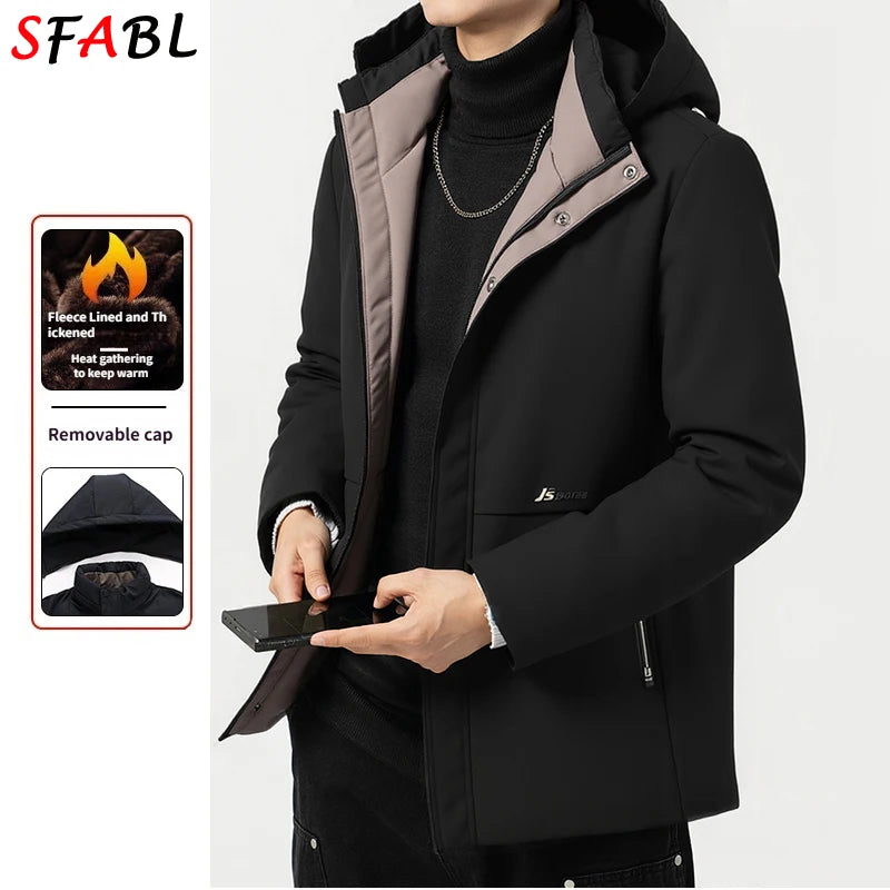 Removable Hood Parka Men Cotton Padded Men's Winter Jacket Windbreak Thermal Jackets Coat Fleece Lining Ski Snow Jacket Overcoat