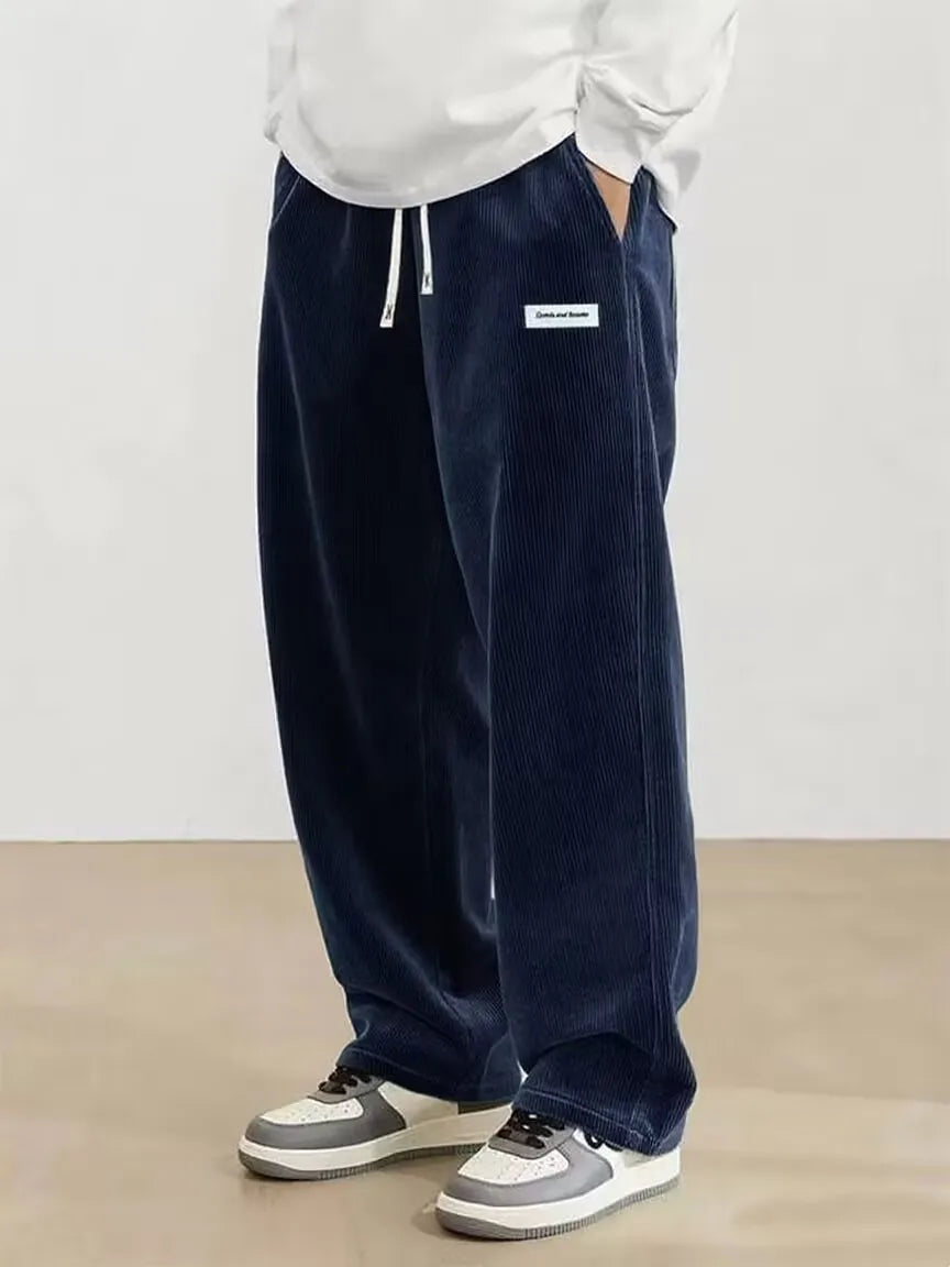 Autumn Mens Corduroy Casual Pants Fashion Loose Fit Pants Straight Sweatpants Elastic Waist Drawstring Outdoor Streetwear