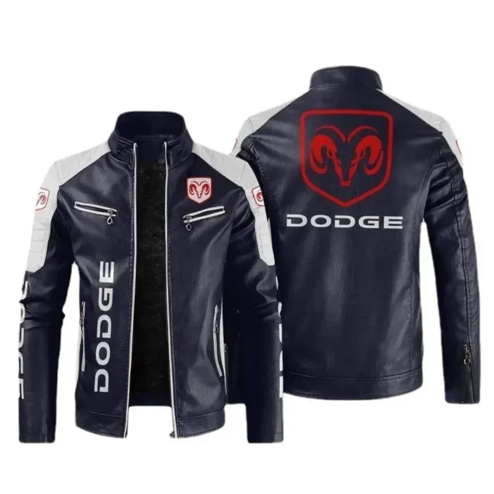 European Size Plus Fleece Dodge Motorcycle Car Logo Autumn And Winter Fashionable Windproof High-end Motorcycle Leather Jacket