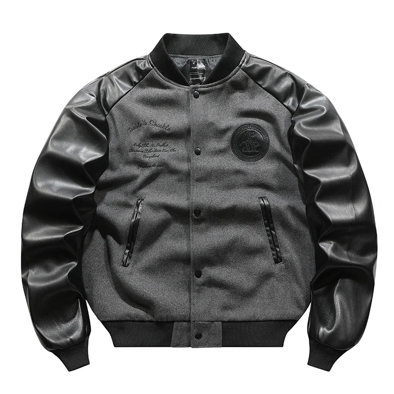 ARENS Men's Vintage Leather Woolen Patchwork Er Jacket Techwear Splicing Embroidery PU Pilot Coat Loose Cargo Style