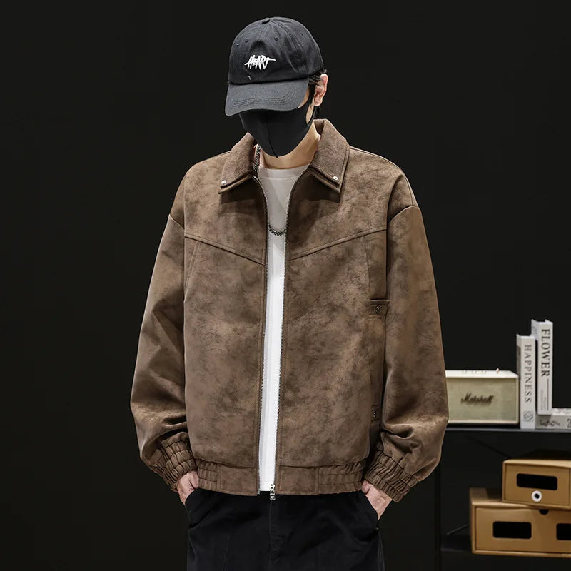 Men's Tie Dye Faux Leather Jacket Lapel Collar Loose Fit Casual Autumn Motorcycle Coat Black