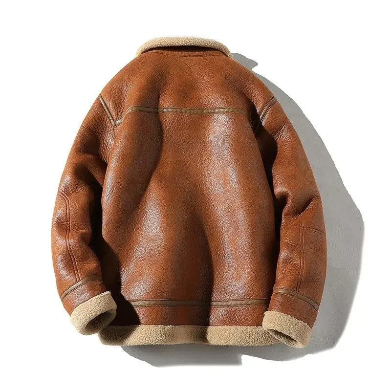 Male Trendy Large Size Lambswool Leather Jacket Casual Solid Color Warm Outwear Winter New Men Fleece-Lined Thicken Suede Coat