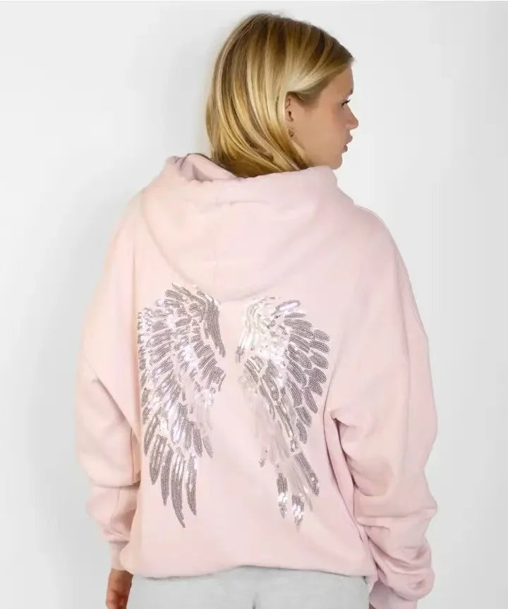 Fashion Wings Beads Sweathirts Women Oversized Hoodies Fleece Lining Sequined Casual Pullover Top Y2K Clothes Lady Outfits 2026