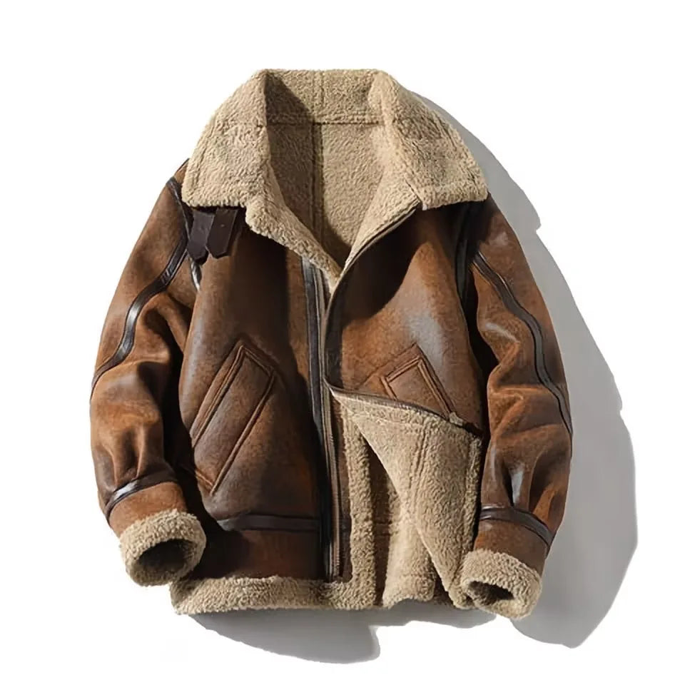 Male Trendy Large Size Lambswool Leather Jacket Casual Solid Color Warm Outwear Winter New Men Fleece-Lined Thicken Suede Coat