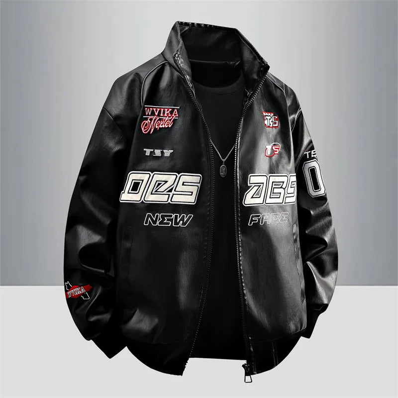 Motorcycle Leather Jackets Man Letter Embroidery Leather Coat Patchwork Fashion Streetwear American Motor Jacket Red White Black
