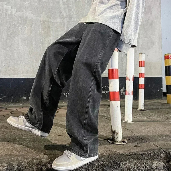 Fashion Men's Solid Color Drape Jeans Loose Straight Korean Vintage High Street Hip-hop Y2K Casual Daily Dragging Wide-leg Pants