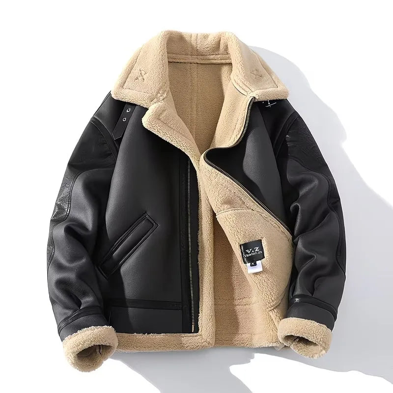 Male Trendy Large Size Lambswool Leather Jacket Casual Solid Color Warm Outwear Winter New Men Fleece-Lined Thicken Suede Coat