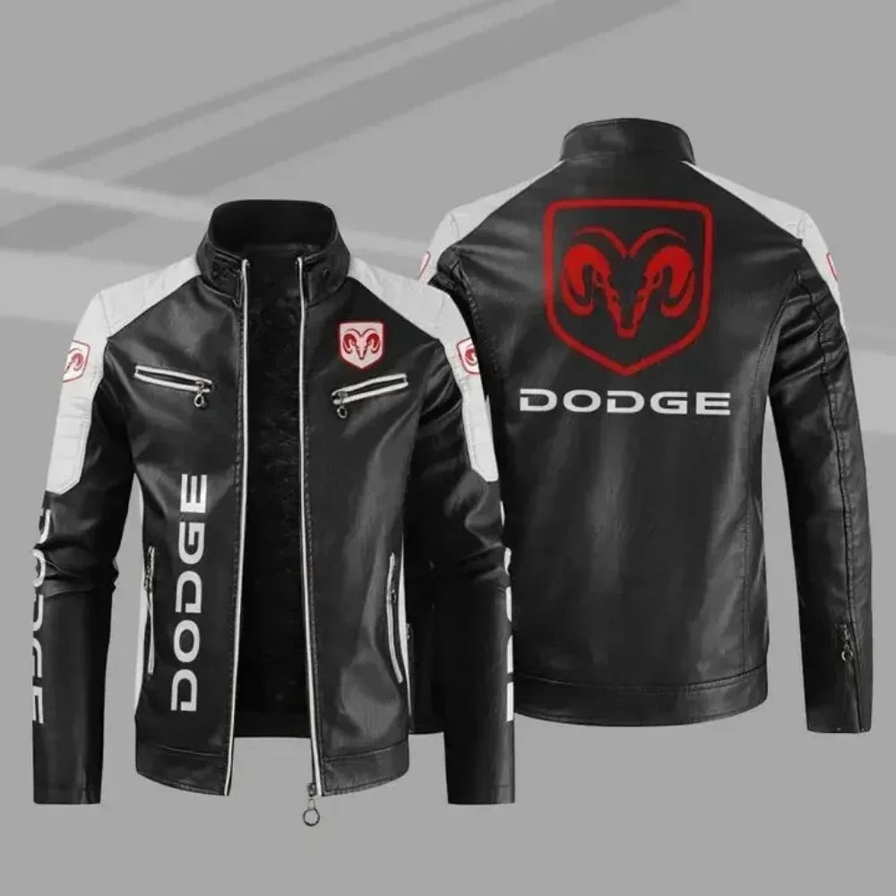 European Size Plus Fleece Dodge Motorcycle Car Logo Autumn And Winter Fashionable Windproof High-end Motorcycle Leather Jacket